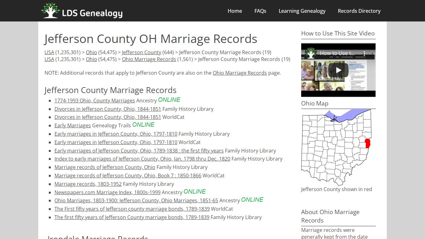 Jefferson County OH Marriage Records - LDS Genealogy